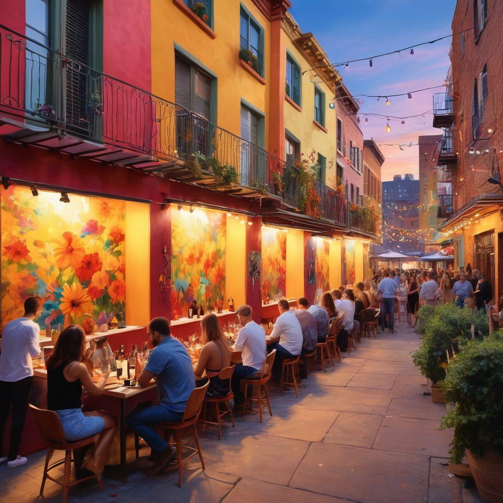 A lively urban scene depicting artists painting murals while enjoying glasses of wine, with colorful art installations in the background, people mingling, surrounded by vibrant city architecture. Warm, inviting colors illuminate the atmosphere, capturing the essence of creativity and celebration. super-realistic. vibrant colors. urban setting.