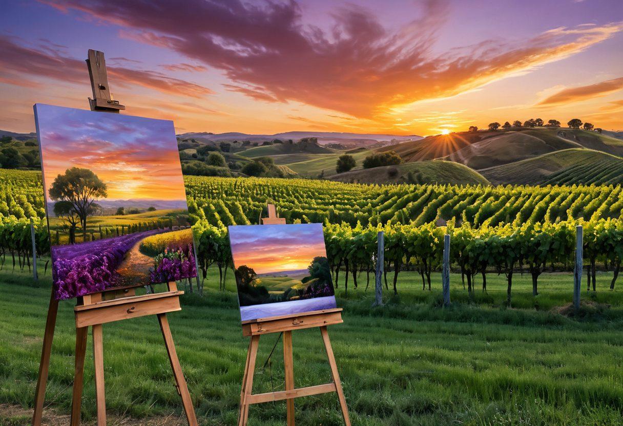 A serene vineyard setting at sunset, with lush grapevines in the foreground. An artist's easel stands beside a canvas depicting swirling colors reminiscent of wine, blending reds, purples, and golds. Include a glass of wine on the grass, reflecting the vibrant hues. In the background, rolling hills and a warm sky create a peaceful atmosphere. impressionistic style. vibrant colors.