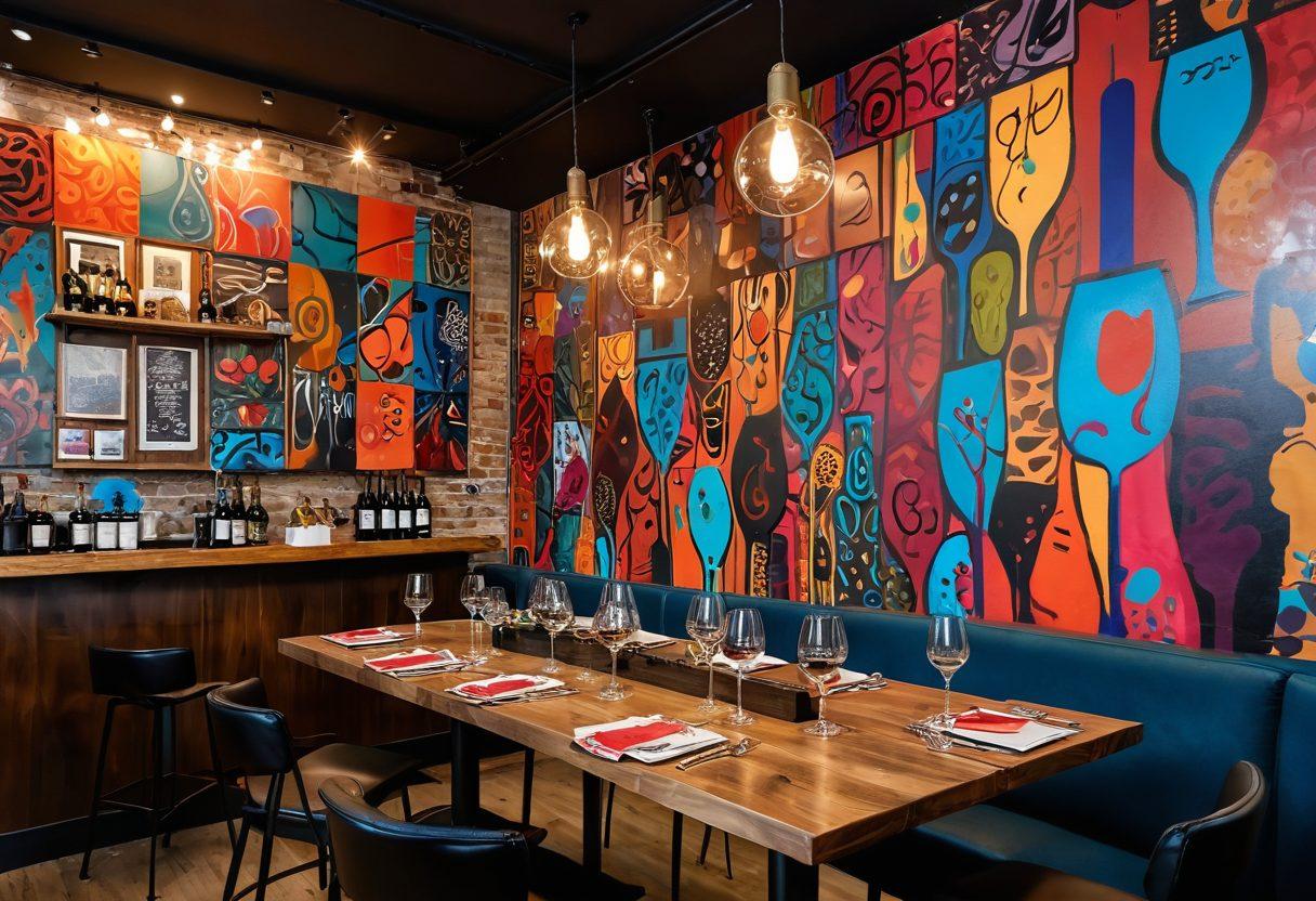 A cozy urban wine bar setup featuring elegantly arranged glasses of fine wine, surrounded by vibrant street art murals showcasing bold colors and abstract designs. Include a small wooden table with a charcuterie board, reflecting a fusion of culinary art and city culture. Capture the essence of a laid-back yet artistic atmosphere inviting viewers to sip and savor. super-realistic. vibrant colors. urban setting.